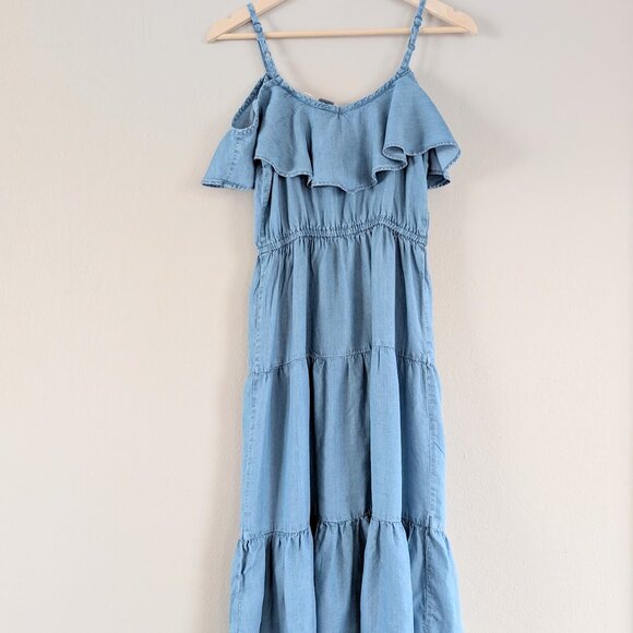 Roxy Y2K Chambray Ruffle Tiered Off the Shoulder Summer Maxi Dress XS - Picture 7 of 9